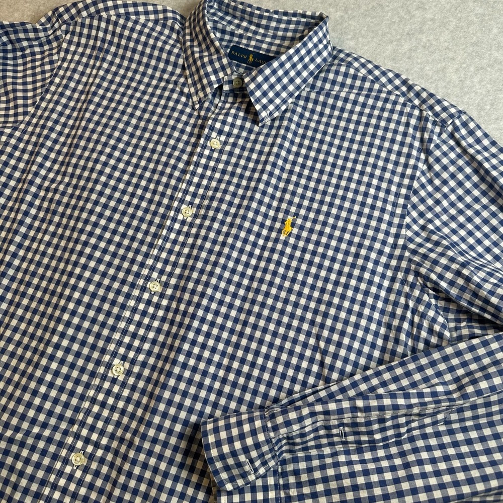 Polo Ralph Lauren Men's XL Blue White Gingham Check Button Front Shirt Pony Logo